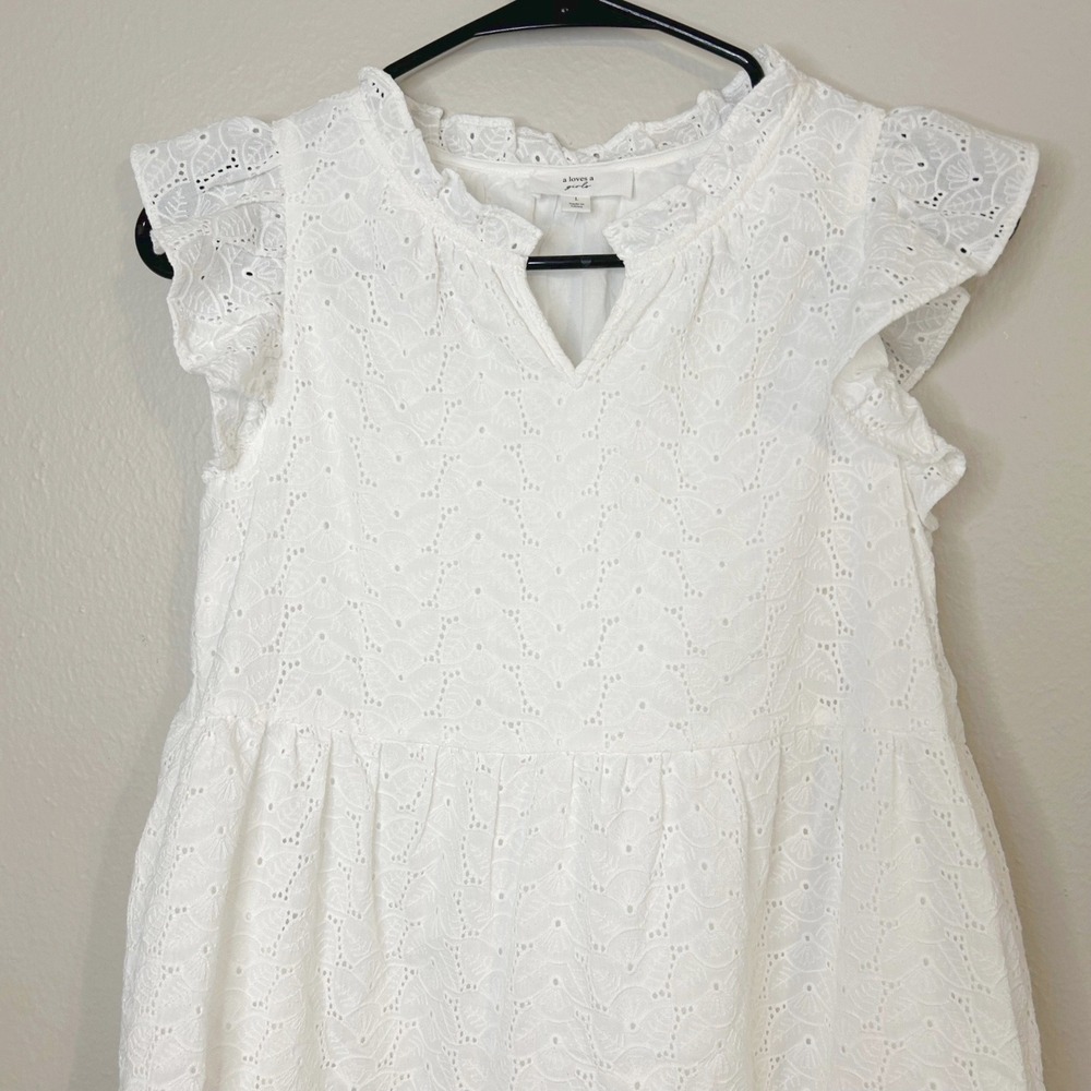 A Loves A Girls Eyelet Tiered Dress Kids Size L White Flutter Sleeve Boho - Picture 2 of 7
